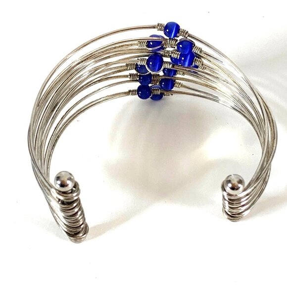 Vintage Multi-Layer Multi-Beads Blue Cat Eye Wrapped Wire Cuff Bracelet - Picture 7 of 8